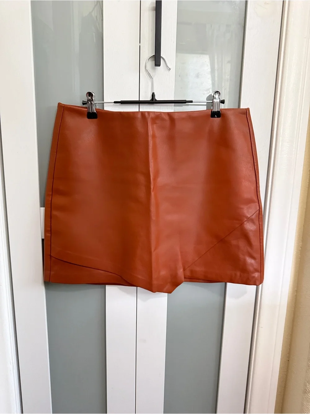Burnt Orange Rust Brown High-Rise Faux Leather Asymmetrical Fall Mini Skirt